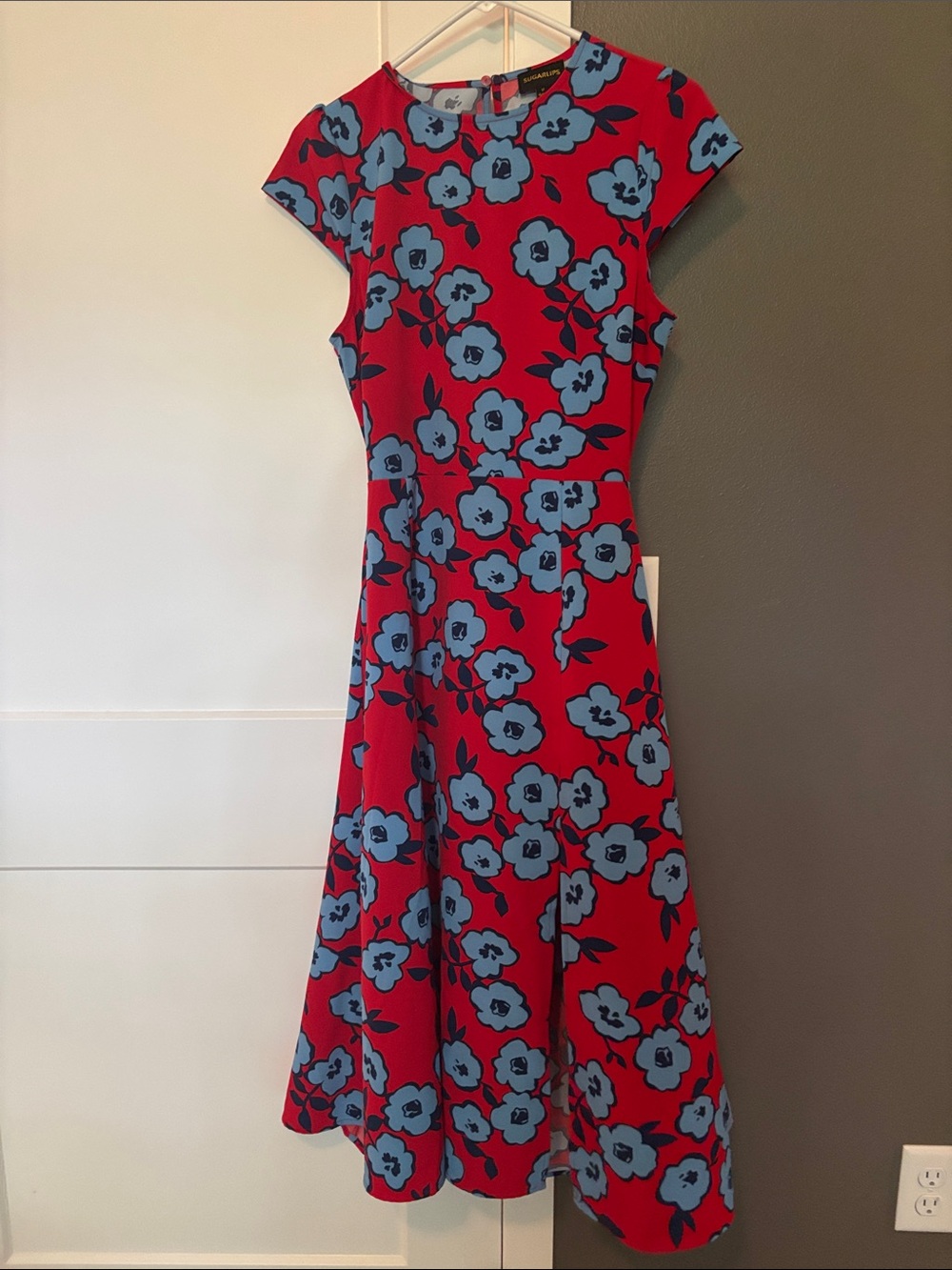 Sugarlips Red Midi Dress with Blue Floral Pattern